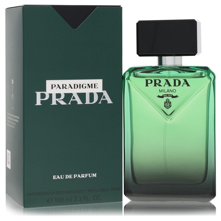 Prada Paradigme Cologne bottle — modern floral woody fragrance with bergamot, mandarin, blackcurrant, orange blossom, jasmine, cedar, and vanilla.