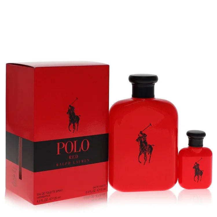 Red Polo perfume bottle and packaging with black cap on a white background