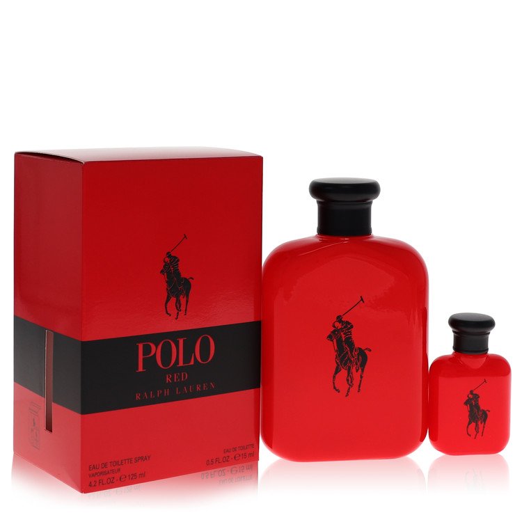 Red Polo perfume bottle and packaging with black cap on a white background