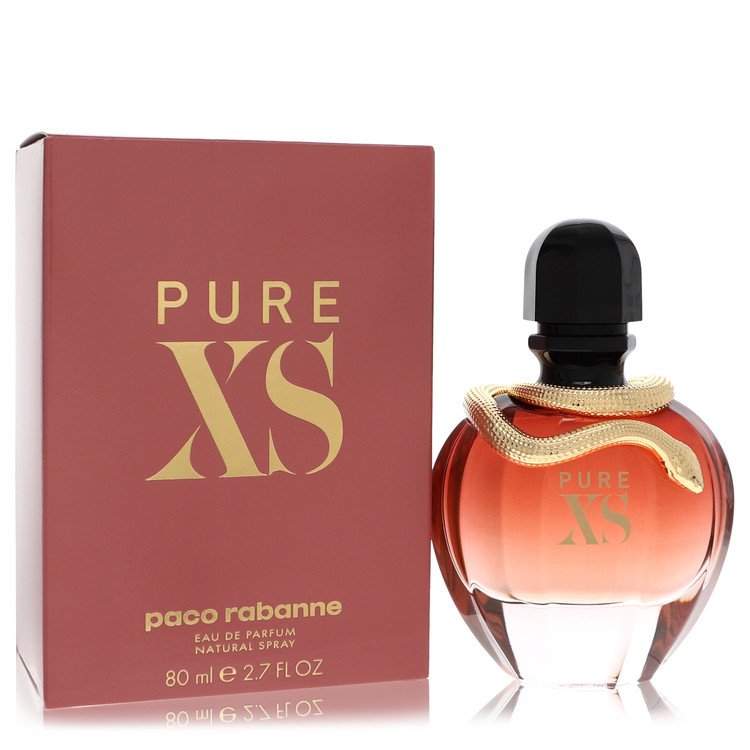 Paco Rabanne Pure XS For Her Perfume bottle with gold serpent — amber gourmand fragrance with popcorn, ylang-ylang, vanilla, and coconut.