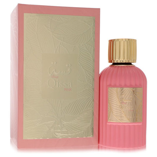 Pink perfume bottle with gold cap and packaging featuring 'Olyssia' branding on a white background