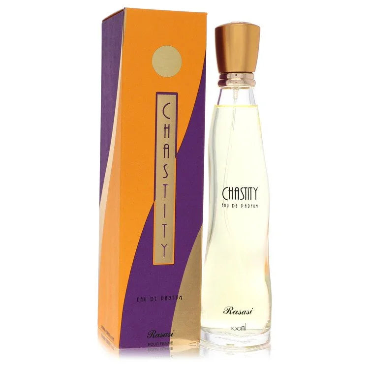 Perfume bottle and packaging with 'Chastity' branding on a white background