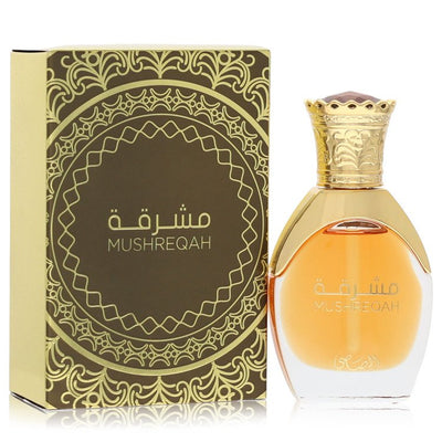 Rasasi Mushreqah perfume oil bottle — amber floral woody attar with soft florals and warm amber accords.