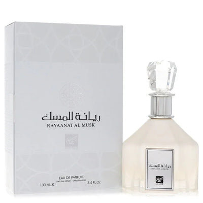 Perfume bottle and packaging of Rayaanat Al Musk on a white background