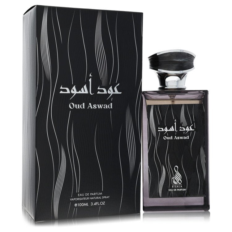 Risala Oud Aswad Eau de Parfum for Men and Women bottle - Unisex oriental woody fragrance with saffron, black pepper, nutmeg, oud, rose, guaiac wood, amber, musk, and leather