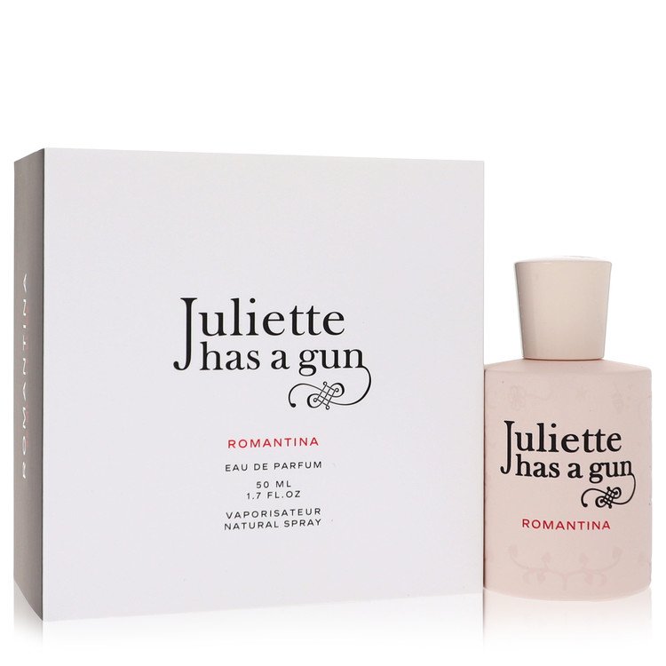 Juliette has a gun Romantina eau de parfum bottle and packaging on a white background