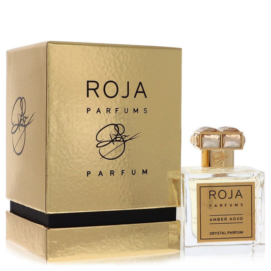 Roja Parfums Amber Aoud crystal perfume bottle and packaging on a white background