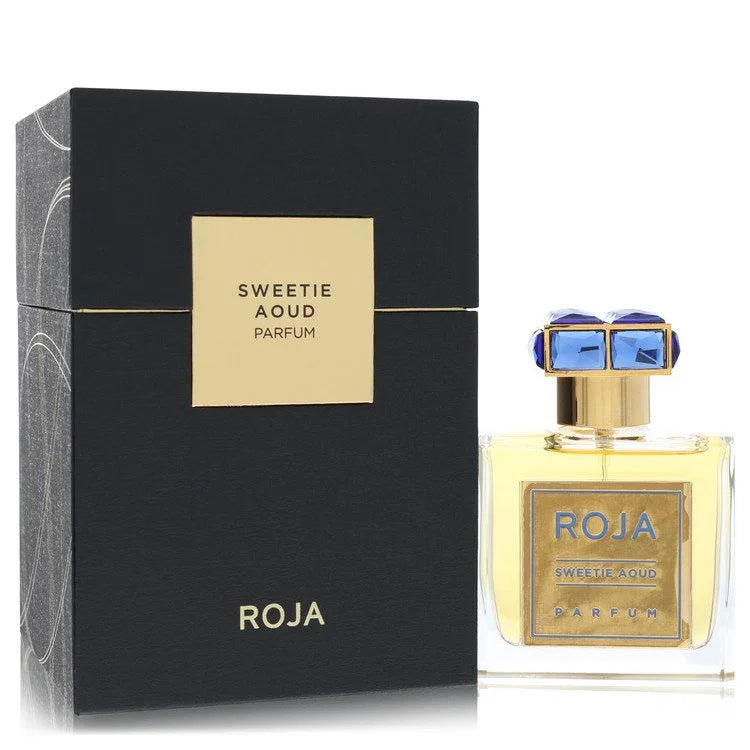 Roja Sweetie Aoud parfum bottle and packaging on a white background