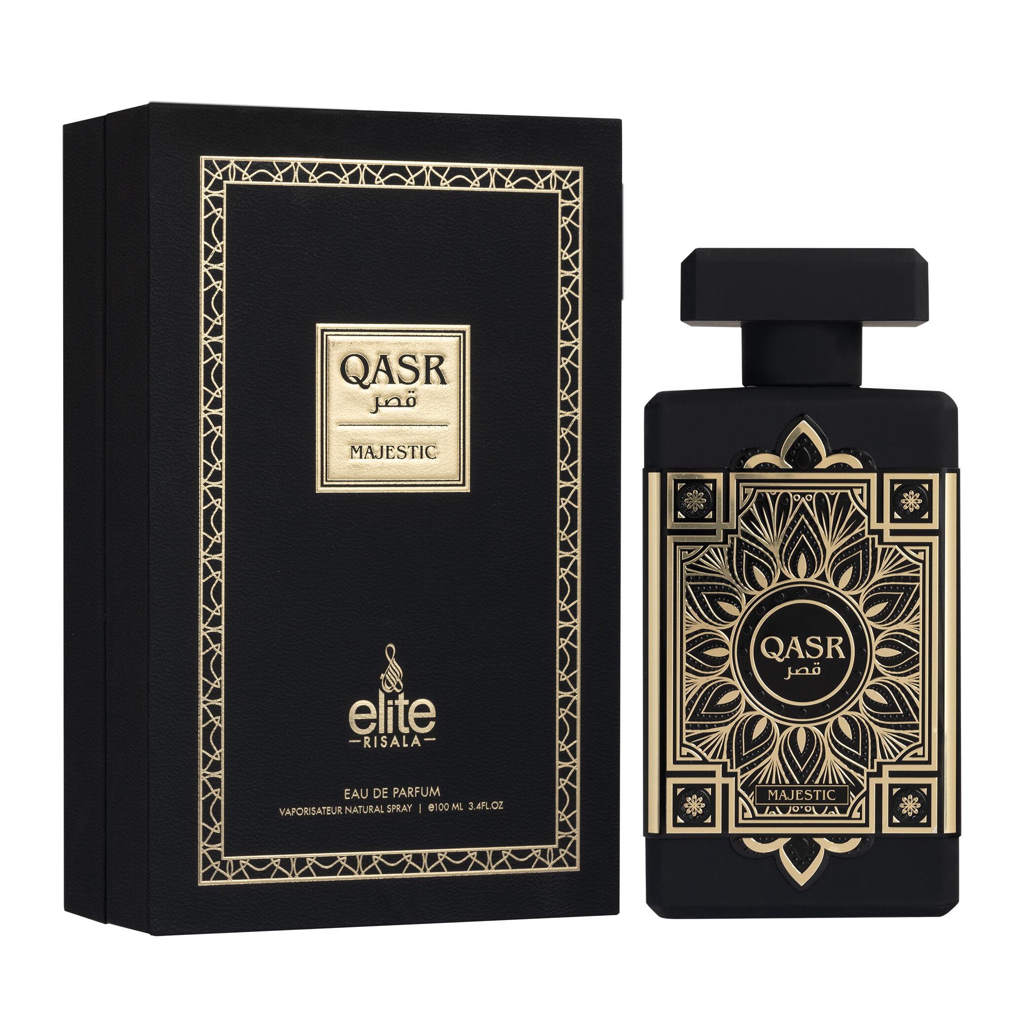 Risala Elite Qasr Majestic Eau de Parfum for Men and Women bottle - Unisex oriental woody fragrance with citrus, pink pepper, patchouli, cedarwood, amber, and musk