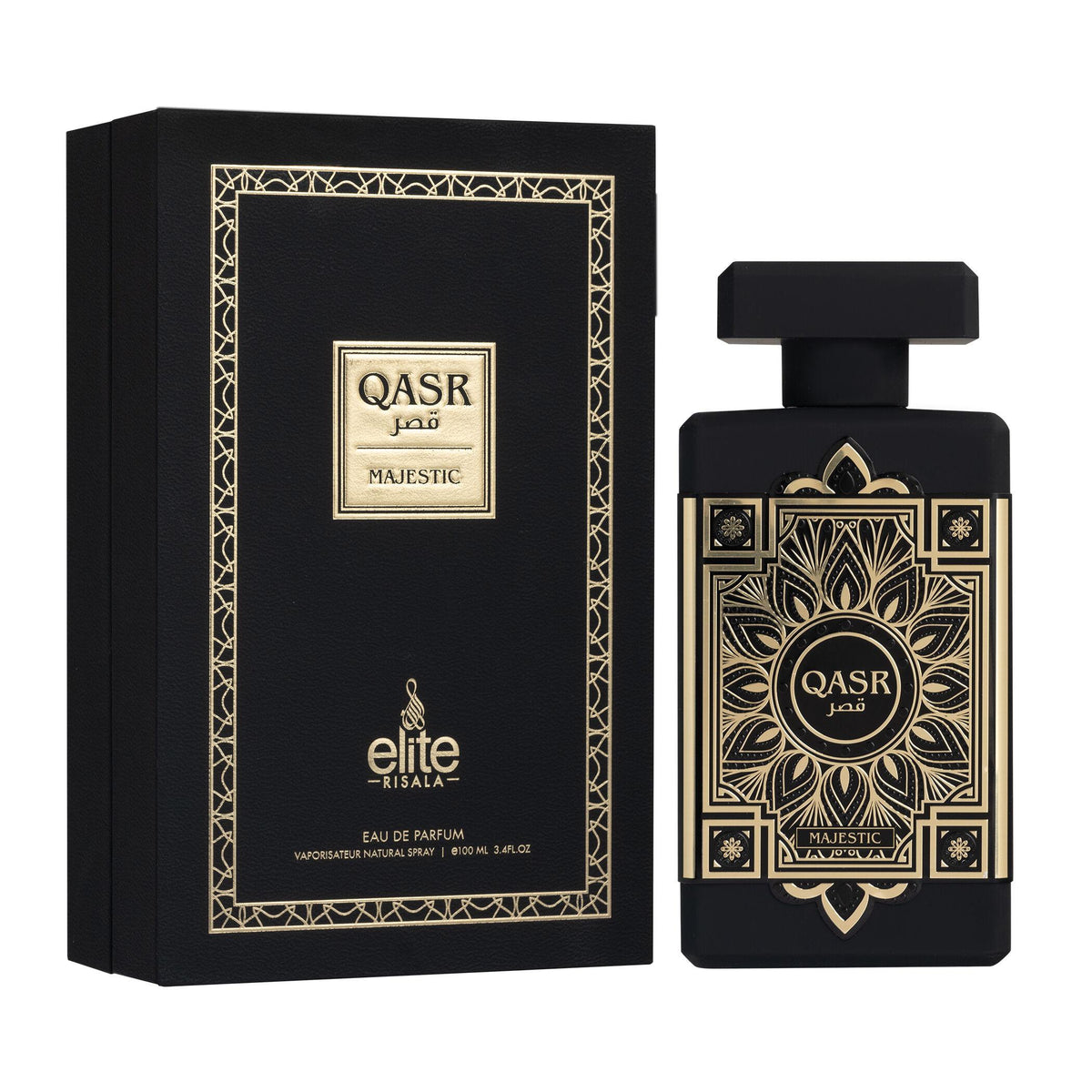 Risala Elite Qasr Majestic Eau de Parfum for Men and Women bottle - Unisex oriental woody fragrance with citrus, pink pepper, patchouli, cedarwood, amber, and musk