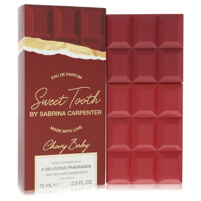 Red chocolate bar-shaped perfume packaging with 'Sweet Tooth by Sabrina Carpenter' branding.
