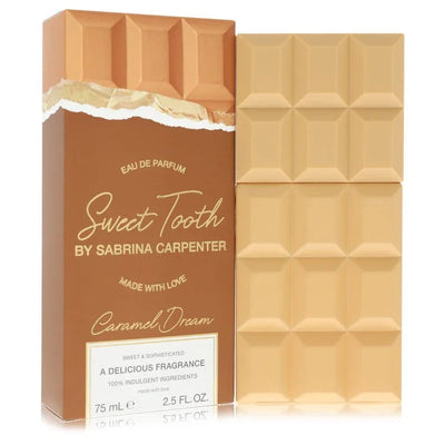 Eau de parfum packaging designed like a caramel chocolate bar with 'Sweet Tooth by Sabrina Carpenter' branding.