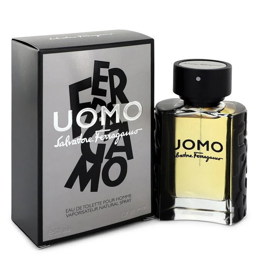 Salvatore Ferragamo Uomo perfume bottle and packaging on a white background