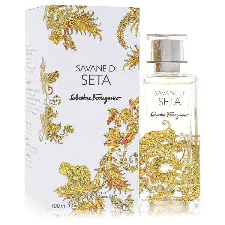 Savane di Seta perfume bottle and packaging with intricate gold designs on a white background