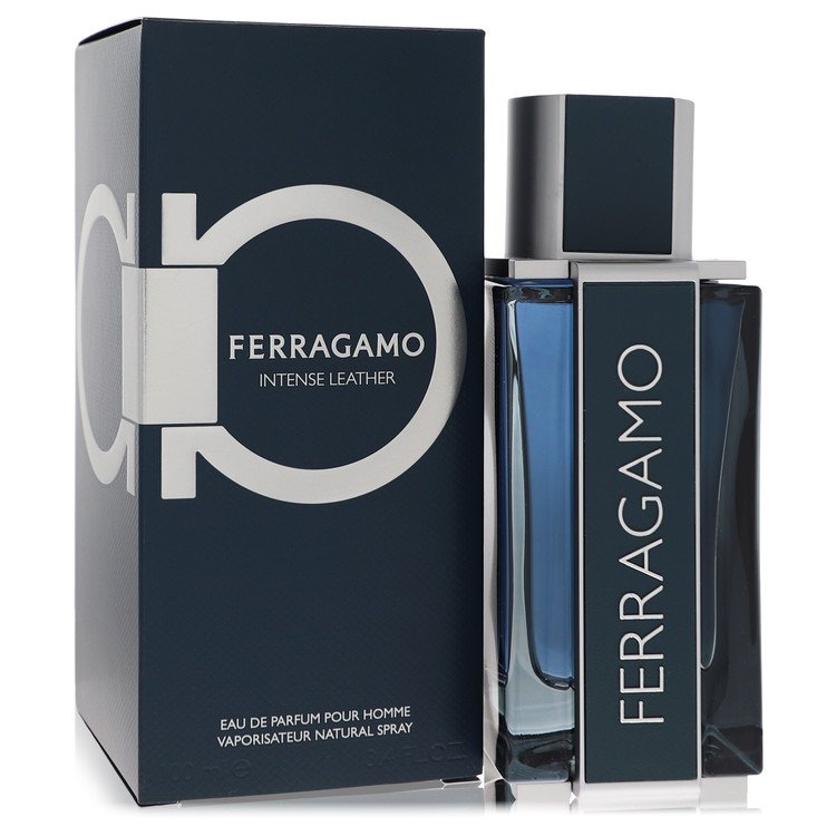 Salvatore Ferragamo Intense Leather Cologne bottle — bold woody leather fragrance for men with black pepper, bergamot, orris, violet, leather, vetiver, and patchouli
