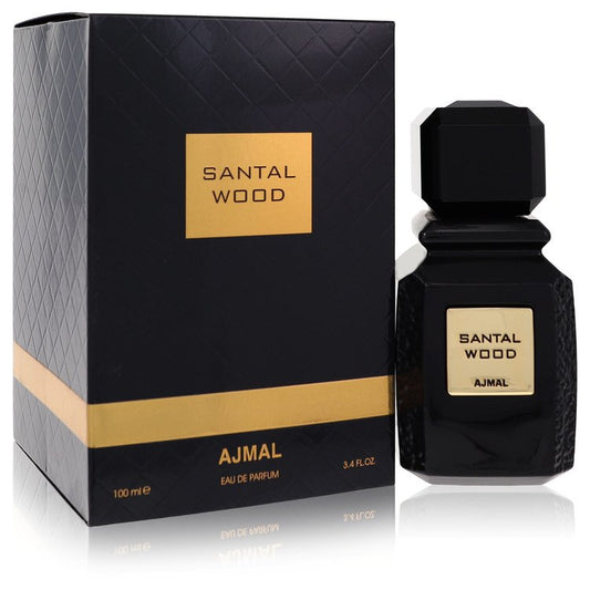 Santal Wood perfume bottle by Ajmal — Warm woody warm spicy fragrance with smoky accords, spice, sandalwood, creamy wood accords, musk, earthy woods, and amber notes