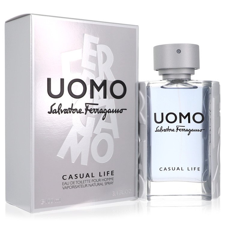 Salvatore Ferragamo Uomo Casual Life Eau de Toilette silver frosted bottle — luxury men's woody aromatic fresh citrus gourmand fragrance featuring unique coffee notes