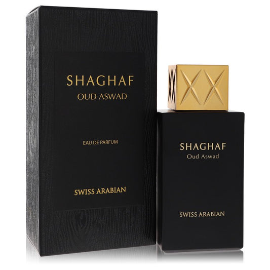 Shaghaf Oud Aswad perfume bottle and packaging on a white background