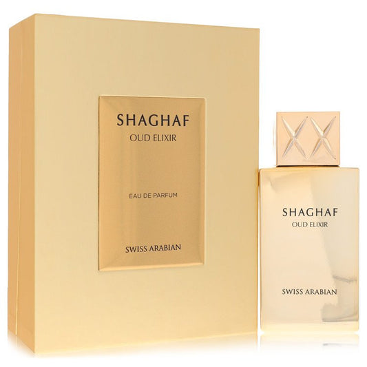 Shaghaf Oud Elixir perfume bottle and packaging on a white background