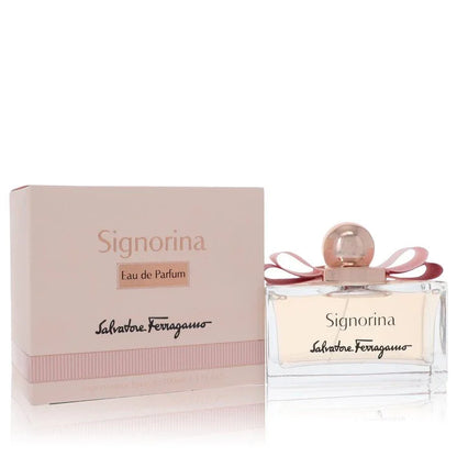 Signorina by Salvatore Ferragamo perfume bottle with signature pink bow and elegant feminine design
