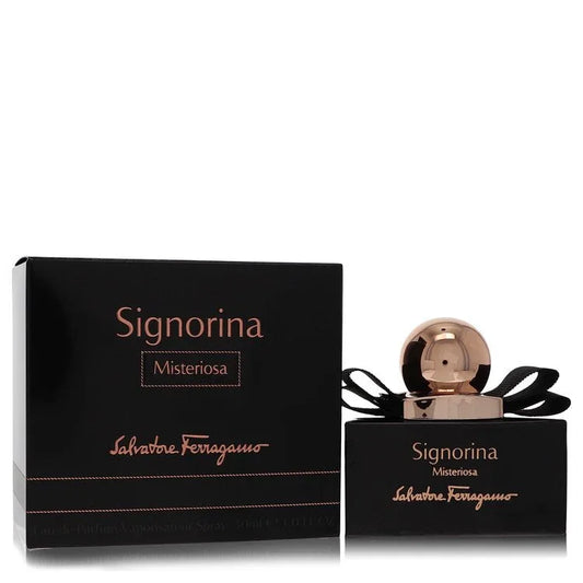 Salvatore Ferragamo Signorina Misteriosa perfume bottle and packaging on a white background