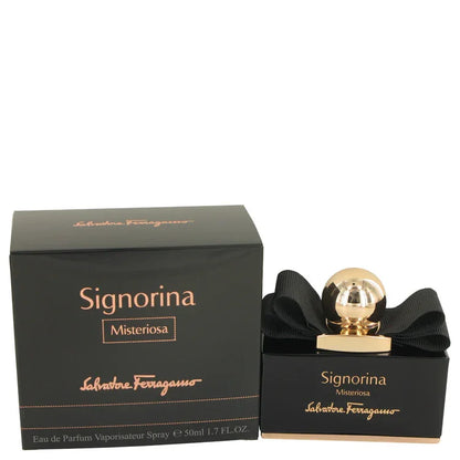 Salvatore Ferragamo Signorina Misteriosa perfume bottle and packaging on a white background