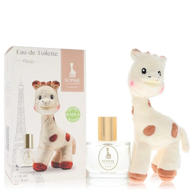 Sophie la Girafe toy and Eau de Toilette bottle with packaging on a white background