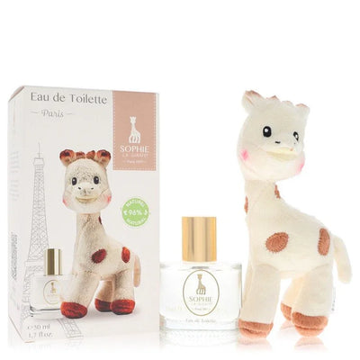 Sophie la Girafe toy and Eau de Toilette bottle with packaging on a white background