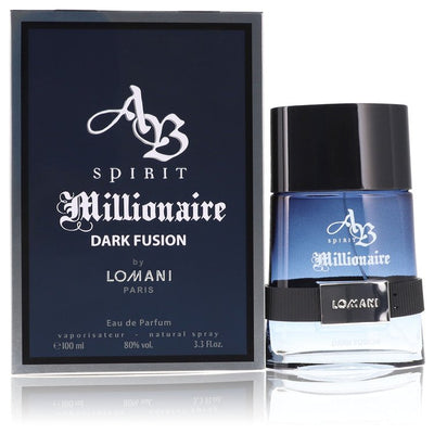 Spirit Millionaire Dark Fusion Cologne bottle by Lomani — woody oriental fragrance with cardamom, bergamot, lemon, nutmeg, lavender, jasmine, patchouli, cedarwood and amber