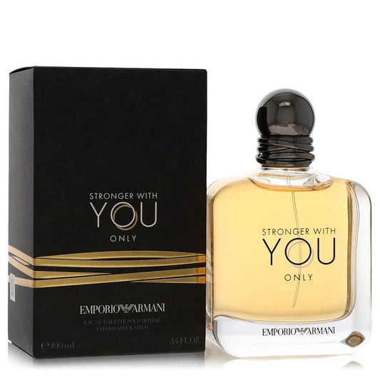 Emporio Armani perfume bottle and packaging with 'Stronger with You Only' text on a white background