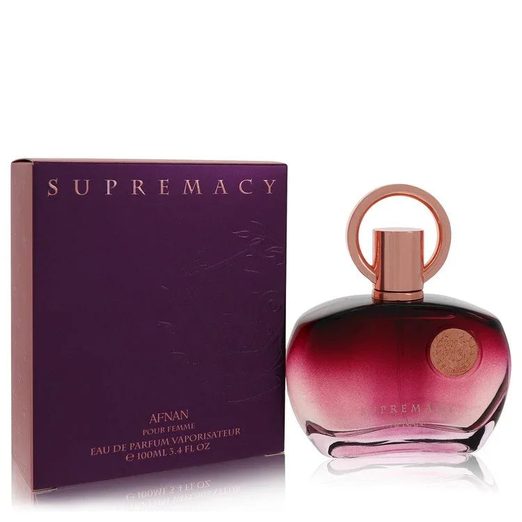 Afnan Supremacy Pour Femme Perfume bottle in stiletto heel design — floral fruity fragrance with pink pepper, bergamot, tuberose, and vanilla.