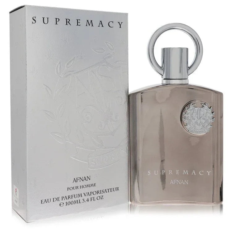 Afnan Supremacy Silver Cologne bottle — aromatic woody amber fragrance with bergamot, lemon, black pepper, leather, amber, and vanilla.