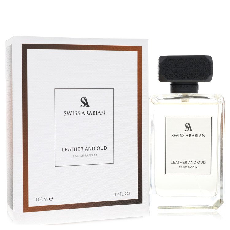 Swiss Arabian Leather and Oud Eau de Parfum bottle — luxury unisex woody spicy oriental fragrance featuring deep notes of saffron, leather, and smoky agarwood