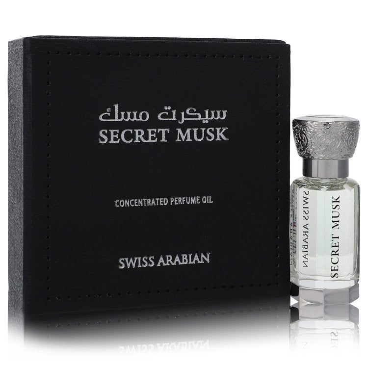 Swiss Arabian Secret Musk concentrated perfume oil with packaging on a white background