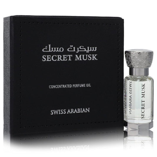 Swiss Arabian Secret Musk concentrated perfume oil with packaging on a white background