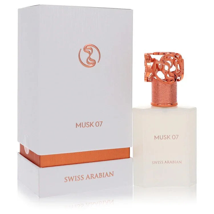 Swiss Arabian Musk 07 Eau de Parfum bottle in clear glass from Heritage Collection — floral woody musk fragrance with black currant, rose, and patchouli.