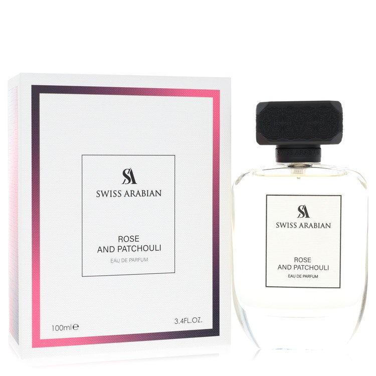 Swiss Arabian Rose and Patchouli perfume bottle and packaging on a white background