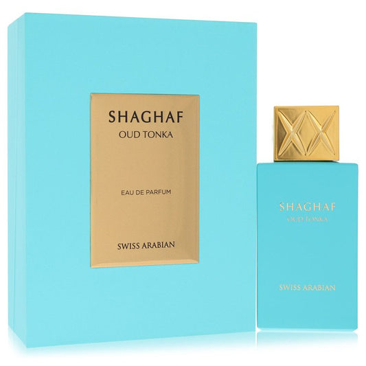 Shaghaf Oud Tonka Eau de Parfum by Swiss Arabian with blue packaging and gold accents.