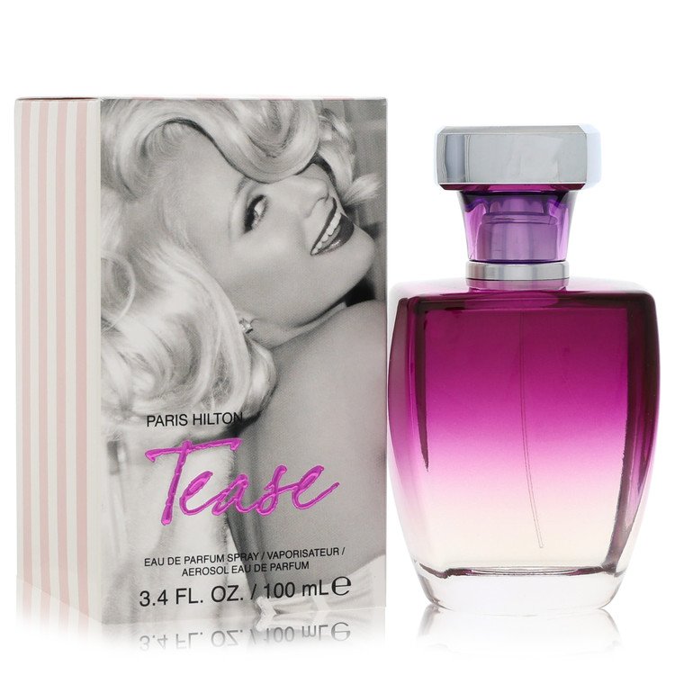 Paris Hilton Tease Eau de Parfum bottle — fruity chypre floral women's perfume with Fuji apple, white peach, tuberose, frangipani, amber, and warm sand accord.