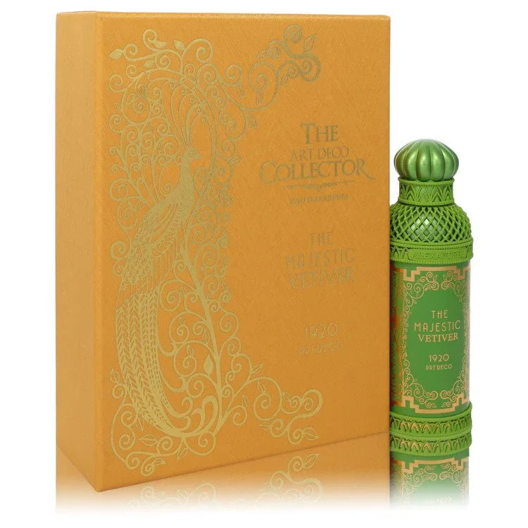 Green perfume bottle with decorative design next to an orange box with intricate gold patterns
