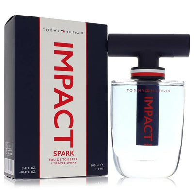 Tommy Hilfiger Impact Spark Cologne bottle — fresh woody fruity men’s Eau de Toilette with fig, violet leaf, bitter orange, lemon, bergamot, green tea, cardamom, Akigalawood, ambroxan, sandalwood, and cedar.