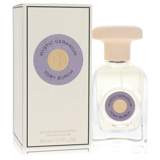Tory Burch Mystic Geranium perfume bottle and packaging on a white background