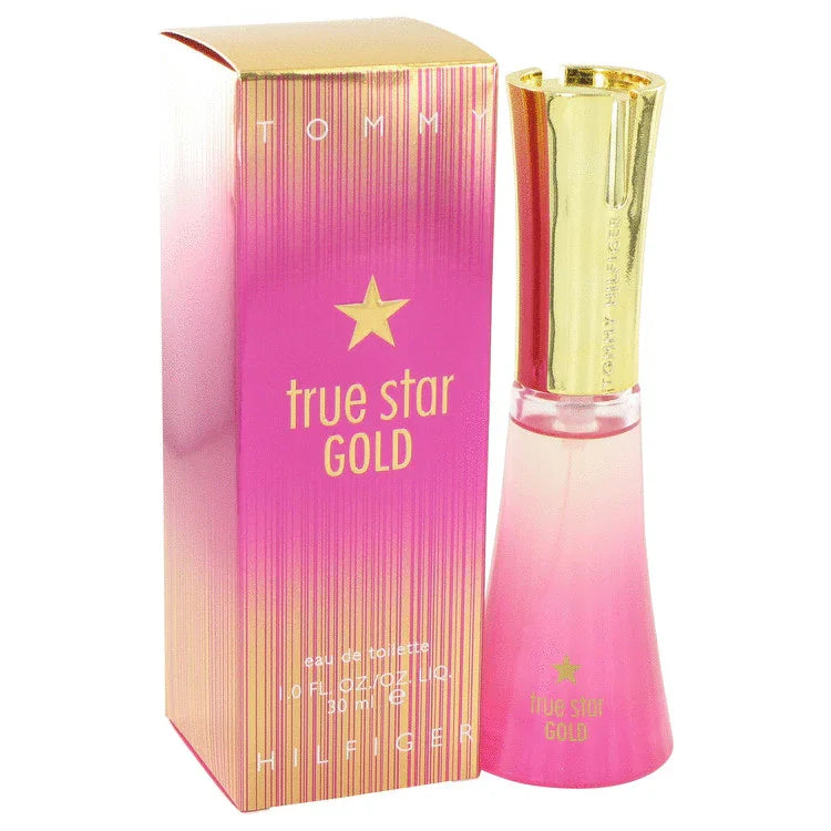 Tommy Hilfiger True Star Gold perfume bottle and packaging on a white background