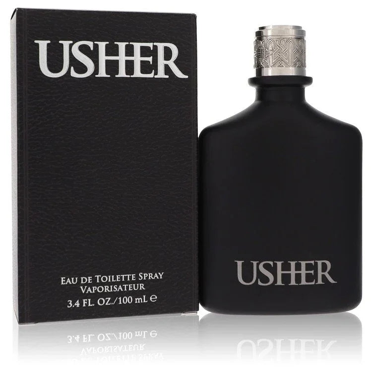 Black Usher perfume bottle and packaging on a white background