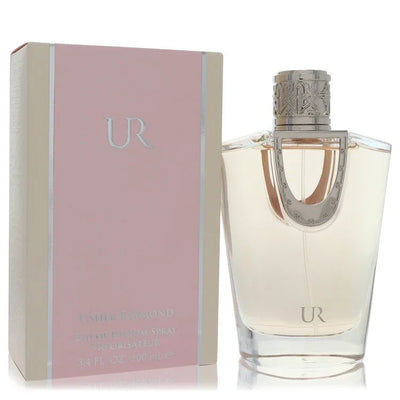 Perfume bottle and packaging with 'UR' branding on a white background