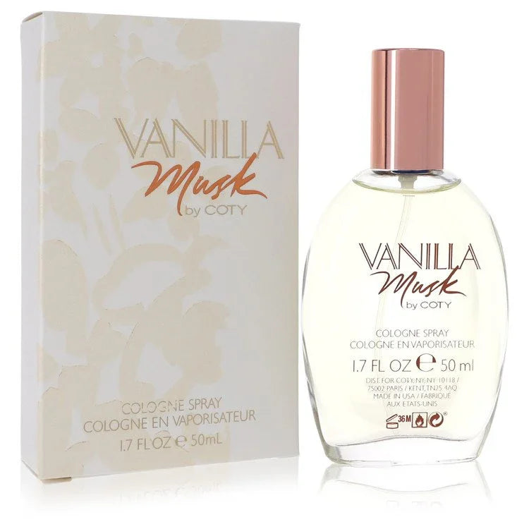 Vanilla Musk by Coty cologne spray bottle and packaging on a white background