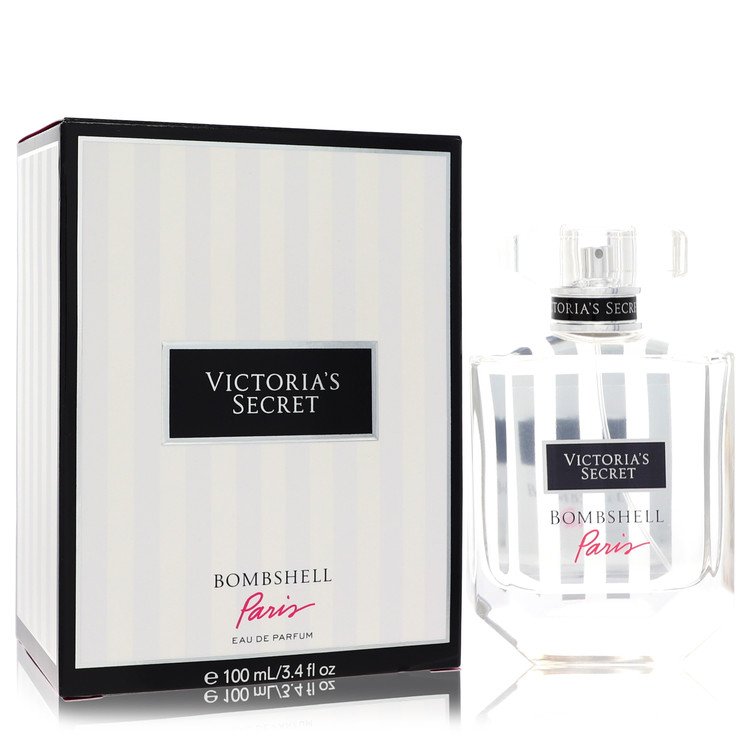 Victoria's Secret Bombshell Paris perfume bottle and packaging on a white background