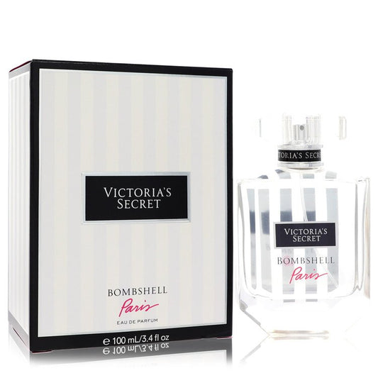 Victoria's Secret Bombshell Paris perfume bottle and packaging on a white background