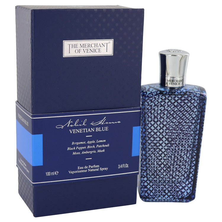 The Merchant of Venice Venetian Blue Eau de Parfum bottle - Men's aromatic woody aquatic fragrance with bergamot, sea notes, cardamom, violet, geranium, pepper, sandalwood, cedarwood, amber, and musk