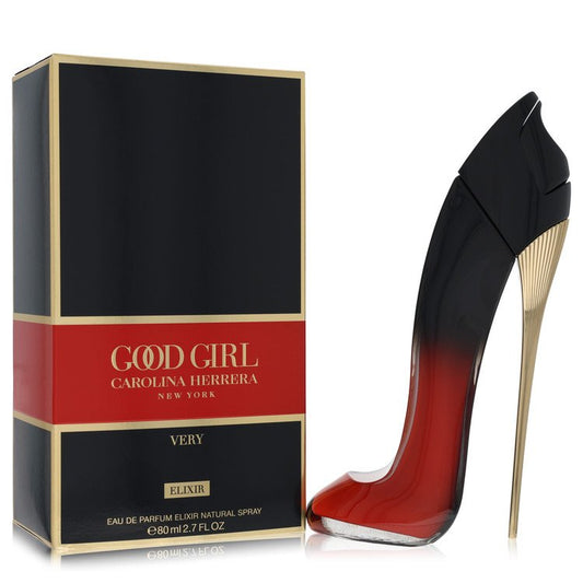 Very Good Girl Elixir by Carolina Herrera iconic stiletto-shaped perfume bottle — luxurious fruity floral gourmand fragrance featuring red currant, lychee, rose, vanilla, vetiver, and tonka bean notes